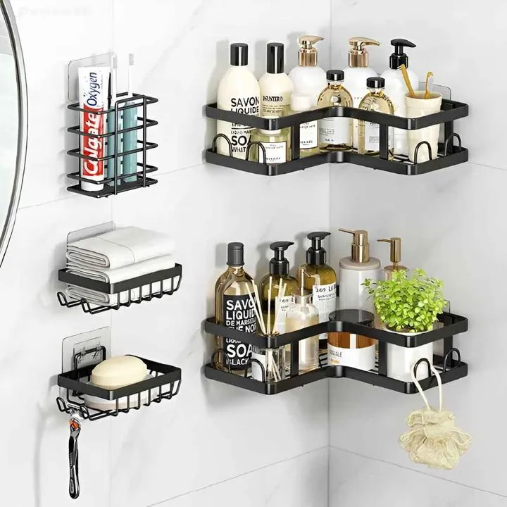 5 PIECE MULTIPURPOSE SHOWER CADDY- Wall/ Shelf/ kitchen/ toilet Organizer rack, which is a black ABS triangle shelf. This practical shower storage is needed for small bathroom that needs smart storage