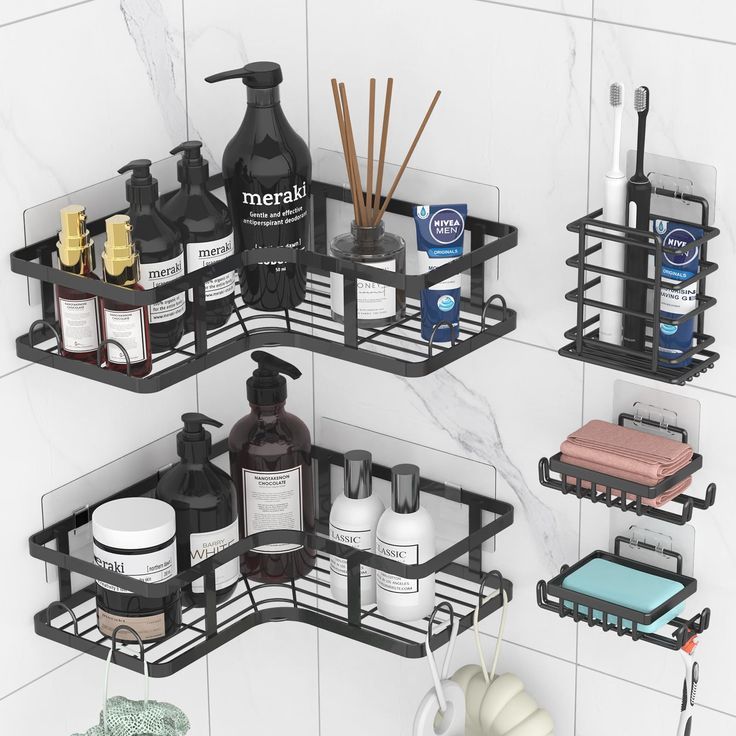 5 PIECE MULTIPURPOSE SHOWER CADDY- Wall/ Shelf/ kitchen/ toilet Organizer rack, which is a black ABS triangle shelf. This practical shower storage is needed for small bathroom that needs smart storage