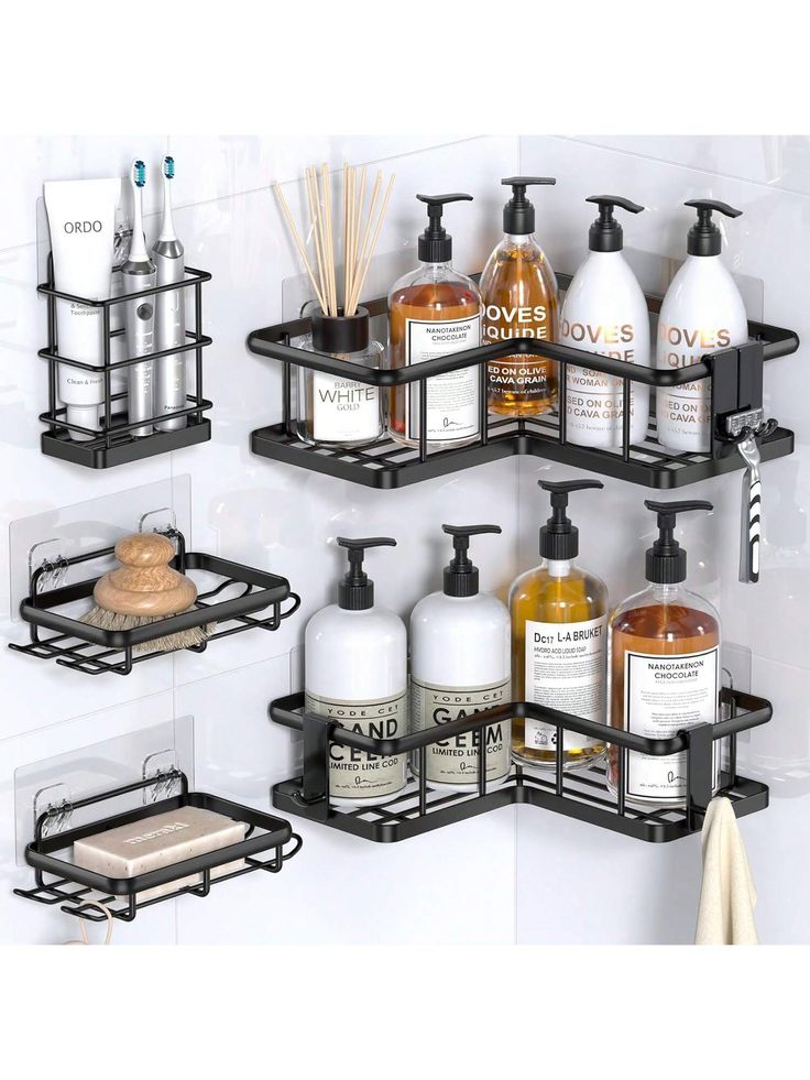 5 PIECE MULTIPURPOSE SHOWER CADDY- Wall/ Shelf/ kitchen/ toilet Organizer rack, which is a black ABS triangle shelf. This practical shower storage is needed for small bathroom that needs smart storage