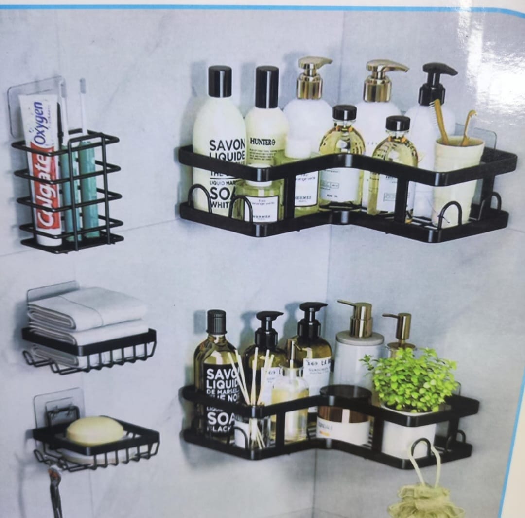 5 PIECE MULTIPURPOSE SHOWER CADDY- Wall/ Shelf/ kitchen/ toilet Organizer rack, which is a black ABS triangle shelf. This practical shower storage is needed for small bathroom that needs smart storage