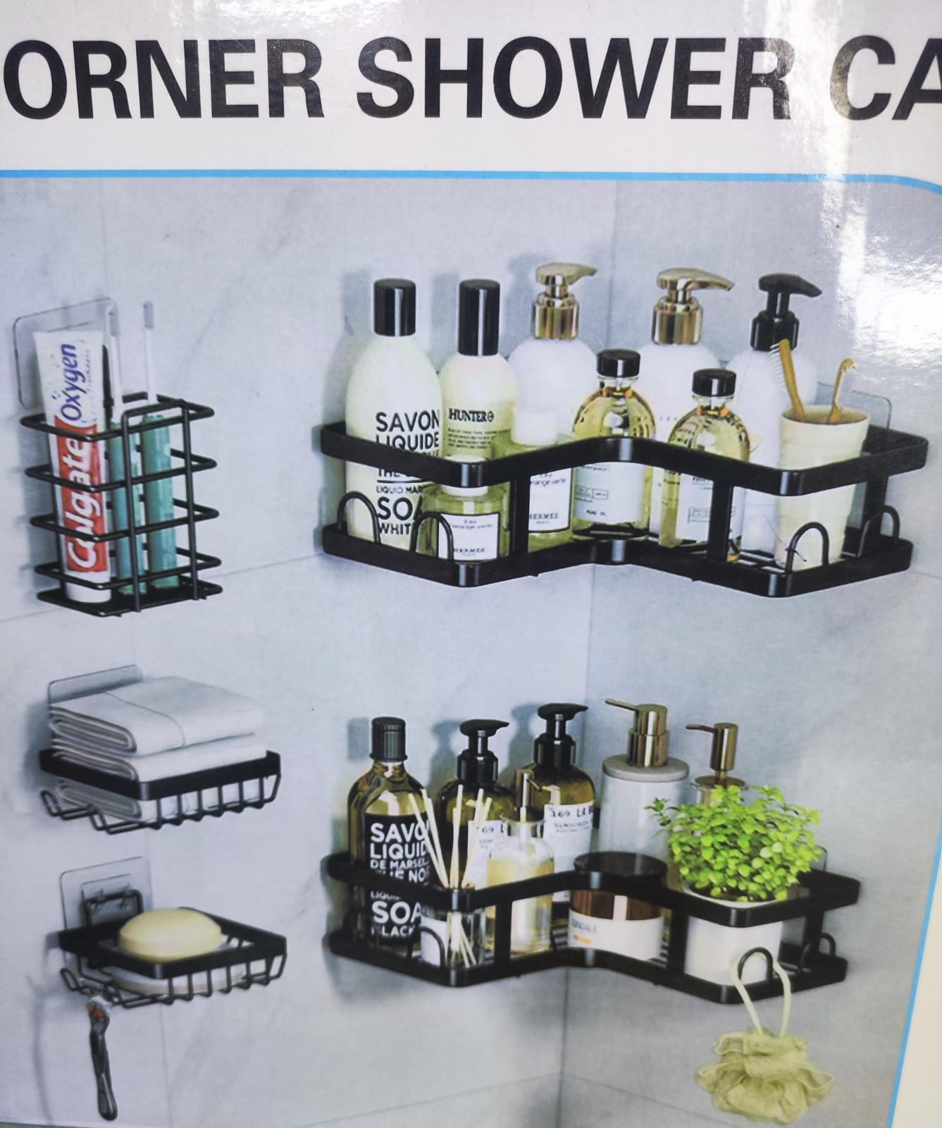 5 PIECE MULTIPURPOSE SHOWER CADDY- Wall/ Shelf/ kitchen/ toilet Organizer rack, which is a black ABS triangle shelf. This practical shower storage is needed for small bathroom that needs smart storage