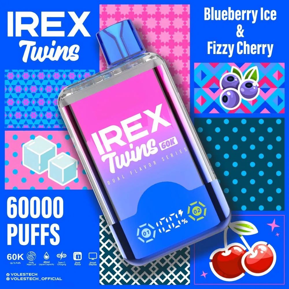 IREX Twins 60,000 Puffs Disposable Vape ~ 2 in 1 Multi Flavour Choice (Dual Tank), Rechargeable, Smart Display, Adjustable Airflow, 5% Nicotine