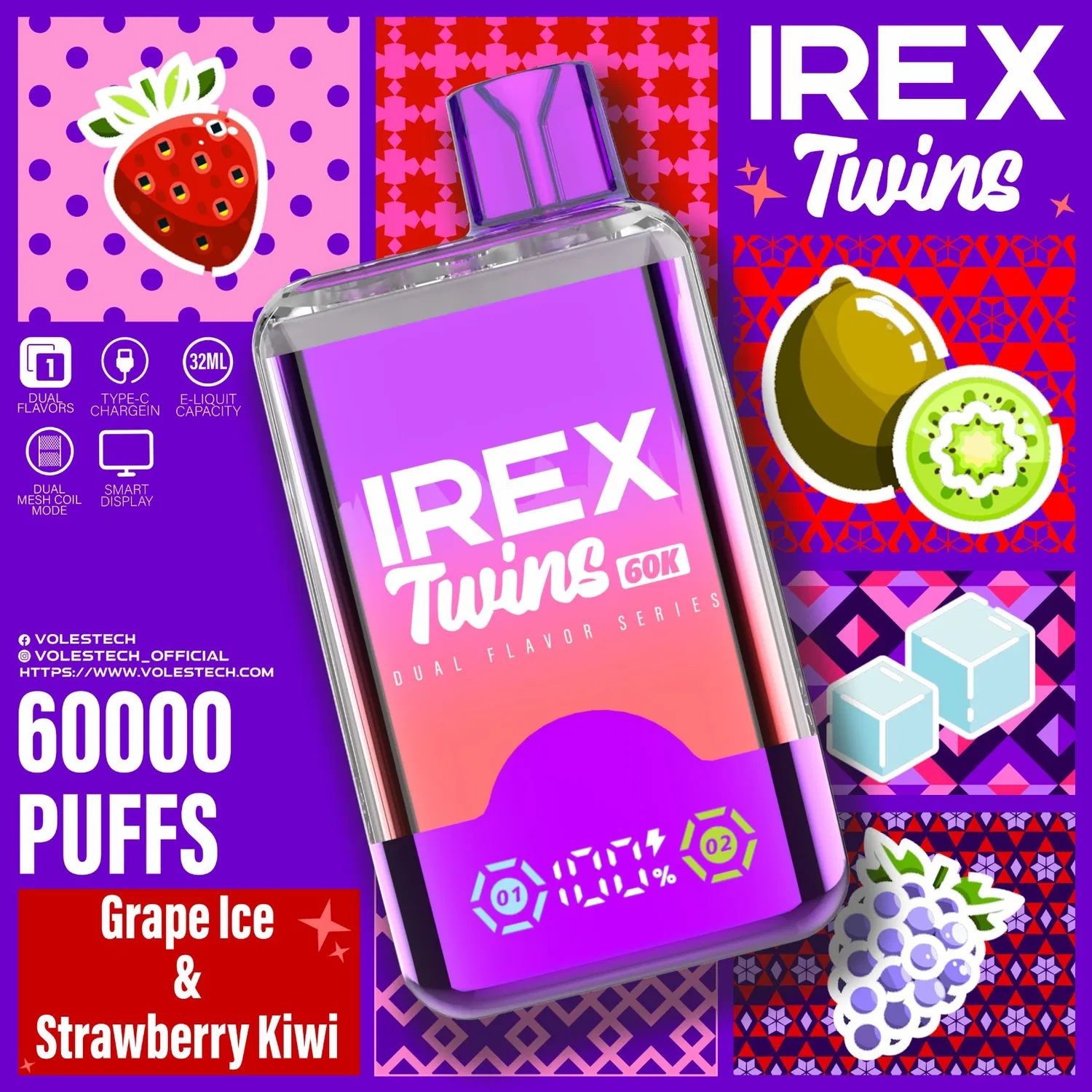 IREX Twins 60,000 Puffs Disposable Vape ~ 2 in 1 Multi Flavour Choice (Dual Tank), Rechargeable, Smart Display, Adjustable Airflow, 5% Nicotine