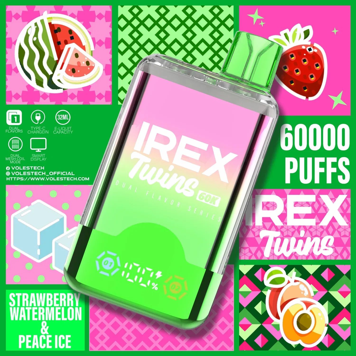 IREX Twins 60,000 Puffs Disposable Vape ~ 2 in 1 Multi Flavour Choice (Dual Tank), Rechargeable, Smart Display, Adjustable Airflow, 5% Nicotine