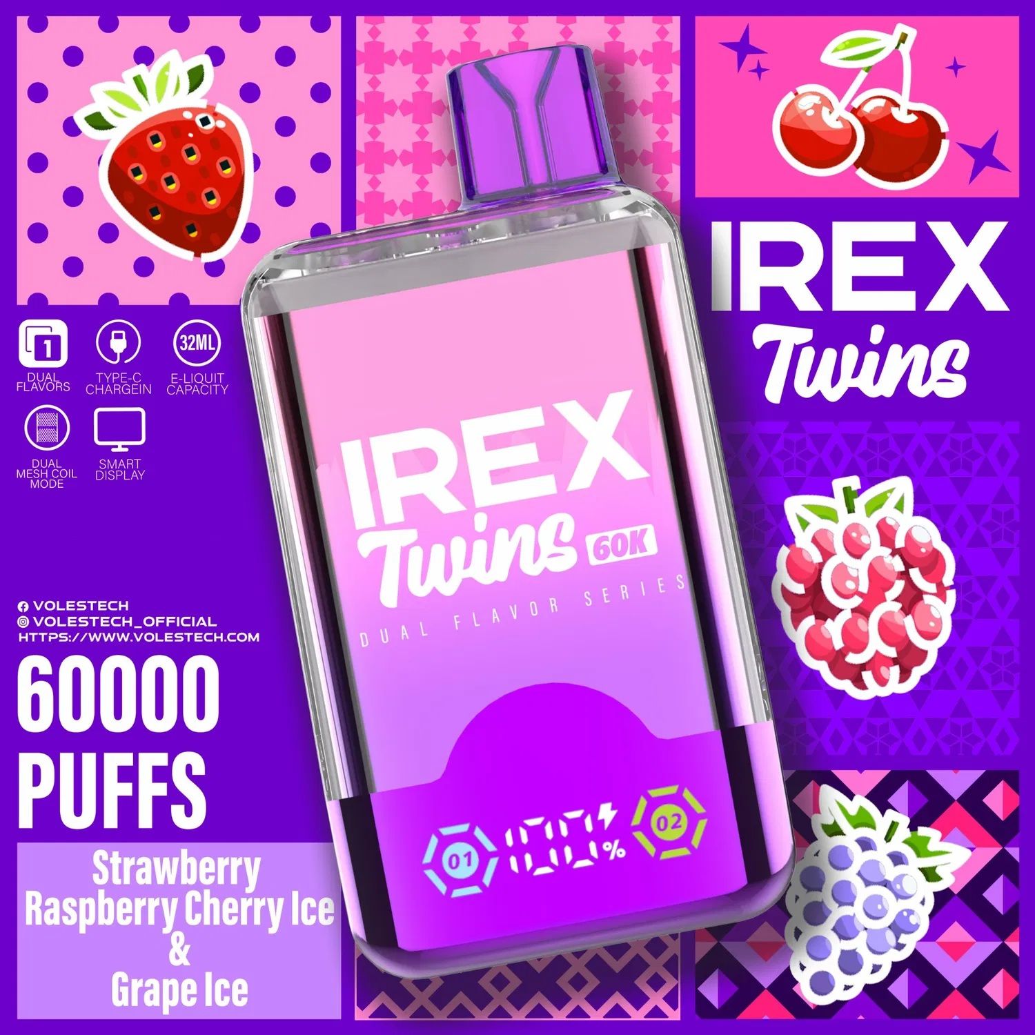 IREX Twins 60,000 Puffs Disposable Vape ~ 2 in 1 Multi Flavour Choice (Dual Tank), Rechargeable, Smart Display, Adjustable Airflow, 5% Nicotine