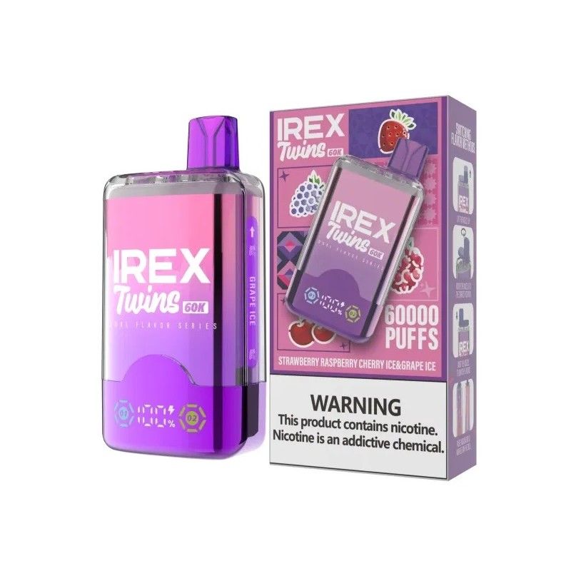 IREX Twins 60,000 Puffs Disposable Vape ~ 2 in 1 Multi Flavour Choice (Dual Tank), Rechargeable, Smart Display, Adjustable Airflow, 5% Nicotine