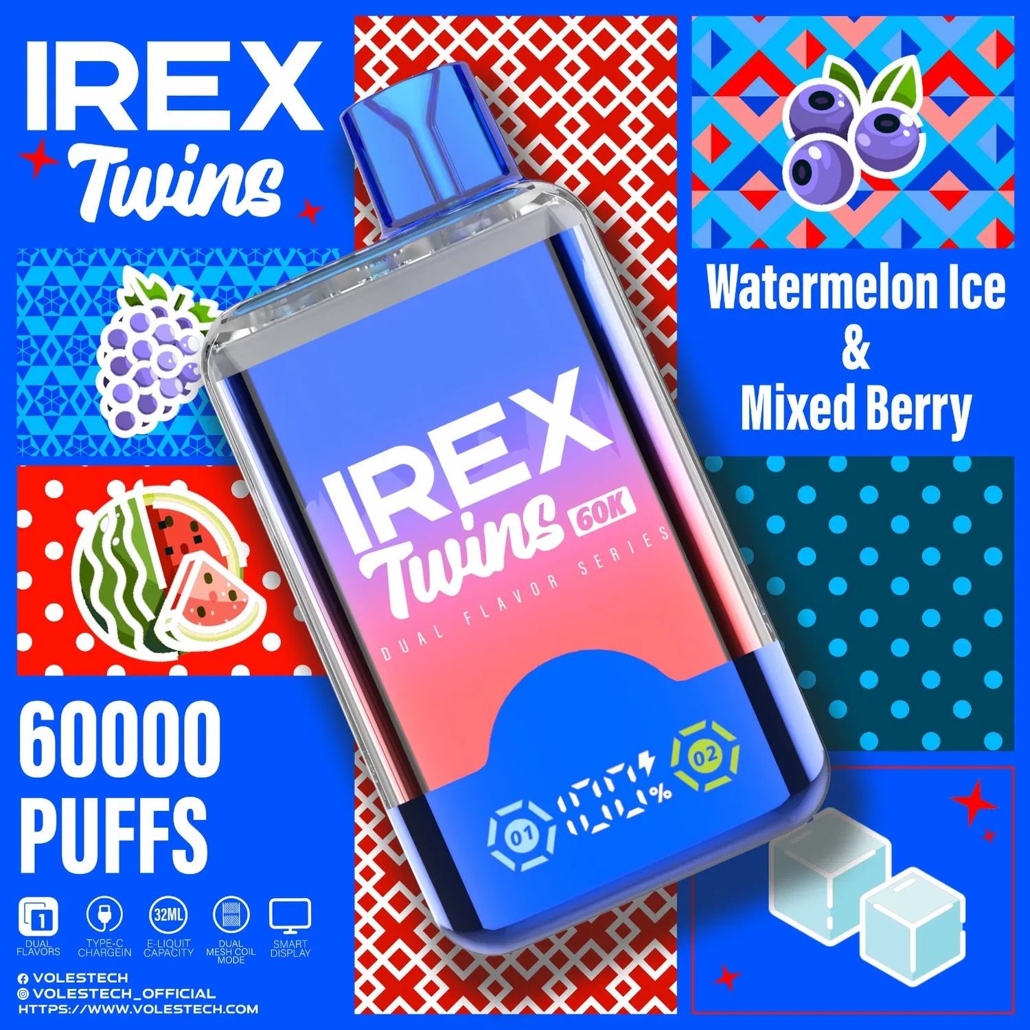 IREX Twins 60,000 Puffs Disposable Vape ~ 2 in 1 Multi Flavour Choice (Dual Tank), Rechargeable, Smart Display, Adjustable Airflow, 5% Nicotine