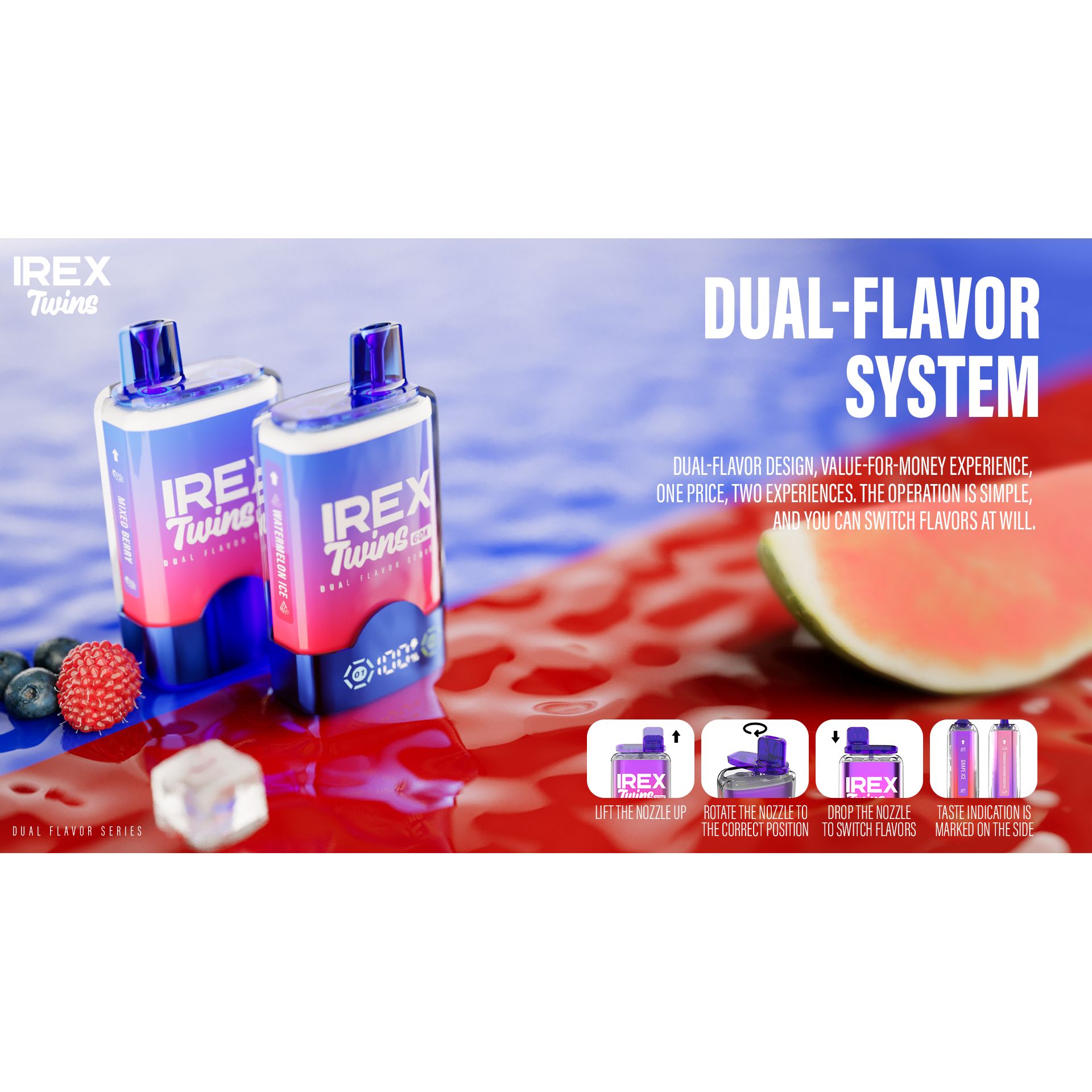 IREX Twins 60,000 Puffs Disposable Vape ~ 2 in 1 Multi Flavour Choice (Dual Tank), Rechargeable, Smart Display, Adjustable Airflow, 5% Nicotine