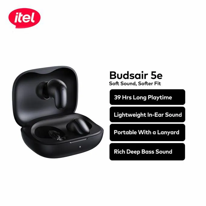 Itel TWS BudsAir 5 e Earpods with Subtle Shine Sleek Curves, Rich Deep Bass Sound, 39 Hours Long Playtime, 3.5g Lightweight In-Ear Design ,Portable with a Lanyard DISCOUNT!!! AI NOISE CANCELLATION
