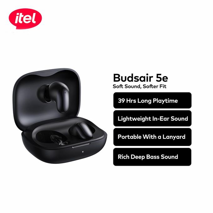 Itel TWS BudsAir 5 e Earpods with Subtle Shine Sleek Curves, Rich Deep Bass Sound, 39 Hours Long Playtime, 3.5g Lightweight In-Ear Design ,Portable with a Lanyard DISCOUNT!!! AI NOISE CANCELLATION