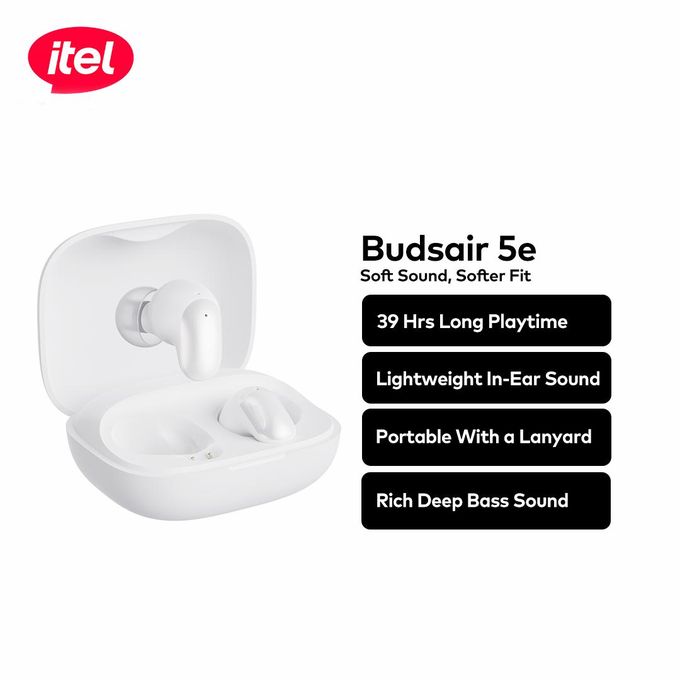Itel TWS BudsAir 5 e Earpods with Subtle Shine Sleek Curves, Rich Deep Bass Sound, 39 Hours Long Playtime, 3.5g Lightweight In-Ear Design ,Portable with a Lanyard DISCOUNT!!! AI NOISE CANCELLATION