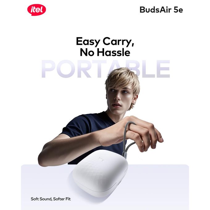 Itel TWS BudsAir 5 e Earpods with Subtle Shine Sleek Curves, Rich Deep Bass Sound, 39 Hours Long Playtime, 3.5g Lightweight In-Ear Design ,Portable with a Lanyard DISCOUNT!!! AI NOISE CANCELLATION