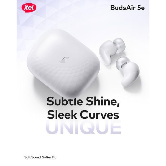 Itel TWS BudsAir 5 e Earpods with Subtle Shine Sleek Curves, Rich Deep Bass Sound, 39 Hours Long Playtime, 3.5g Lightweight In-Ear Design ,Portable with a Lanyard DISCOUNT!!! AI NOISE CANCELLATION
