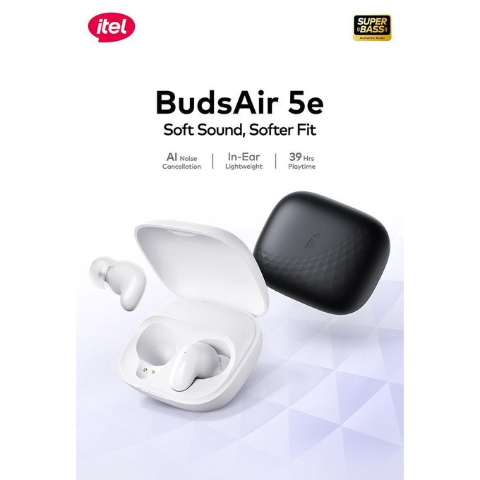 Itel TWS BudsAir 5 e Earpods with Subtle Shine Sleek Curves, Rich Deep Bass Sound, 39 Hours Long Playtime, 3.5g Lightweight In-Ear Design ,Portable with a Lanyard DISCOUNT!!! AI NOISE CANCELLATION