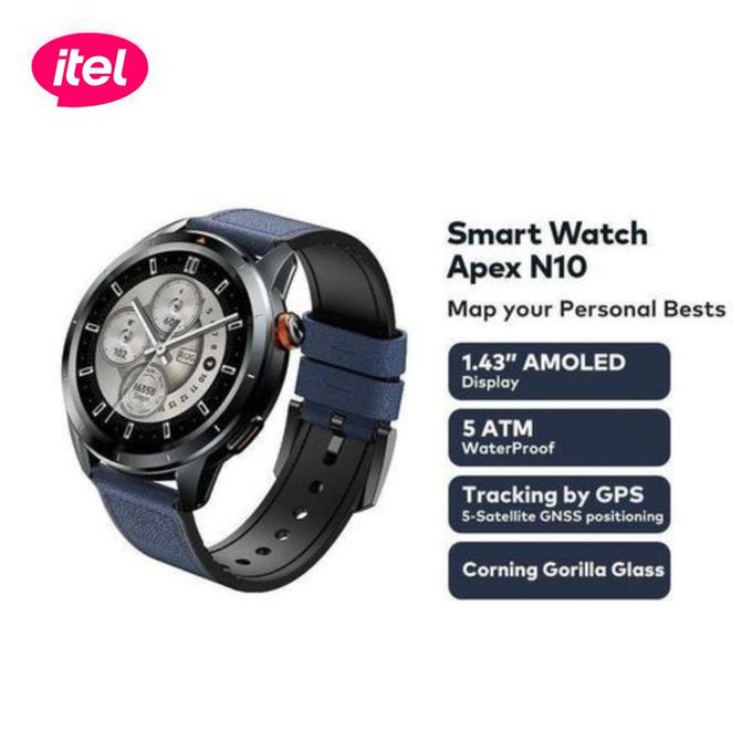 itel Apex N10 Smartwatch 1.43'' Amoled Digital Compass, 5ATM Waterproof, GPS Tracking, Anti-Cracking Glass,Multiple Sports Modes with FREE alternative  Straps
