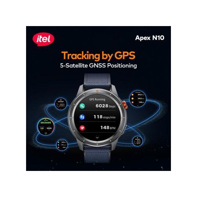 itel Apex N10 Smartwatch 1.43'' Amoled Digital Compass, 5ATM Waterproof, GPS Tracking, Anti-Cracking Glass,Multiple Sports Modes with FREE alternative  Straps