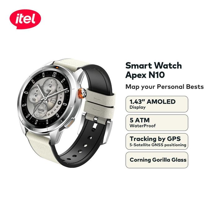 itel Apex N10 Smartwatch 1.43'' Amoled Digital Compass, 5ATM Waterproof, GPS Tracking, Anti-Cracking Glass,Multiple Sports Modes with FREE alternative  Straps