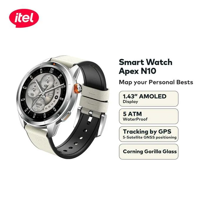 itel Apex N10 Smartwatch 1.43'' Amoled Digital Compass, 5ATM Waterproof, GPS Tracking, Anti-Cracking Glass,Multiple Sports Modes with FREE alternative  Straps