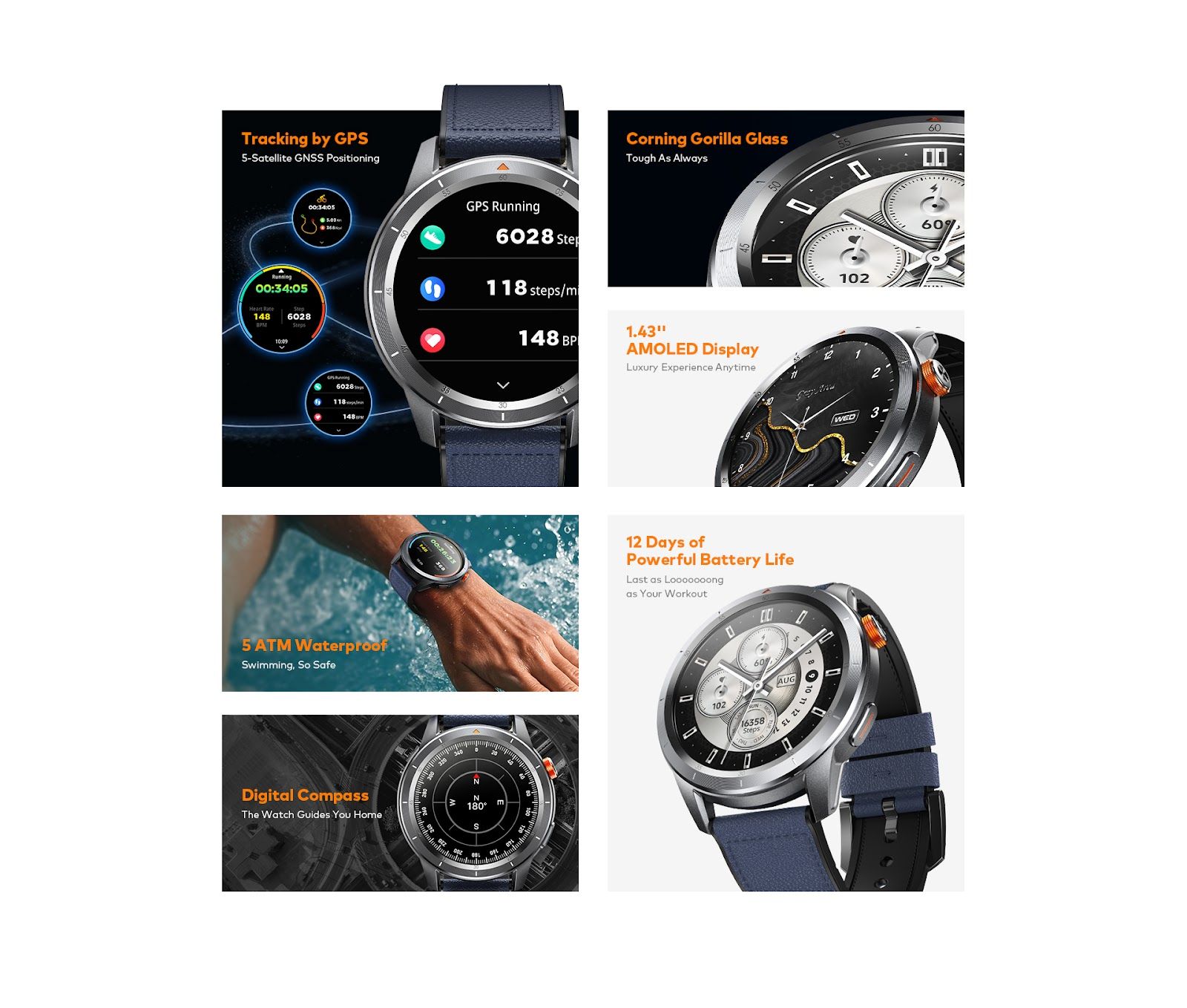 itel Apex N10 Smartwatch 1.43'' Amoled Digital Compass, 5ATM Waterproof, GPS Tracking, Anti-Cracking Glass,Multiple Sports Modes with FREE alternative  Straps