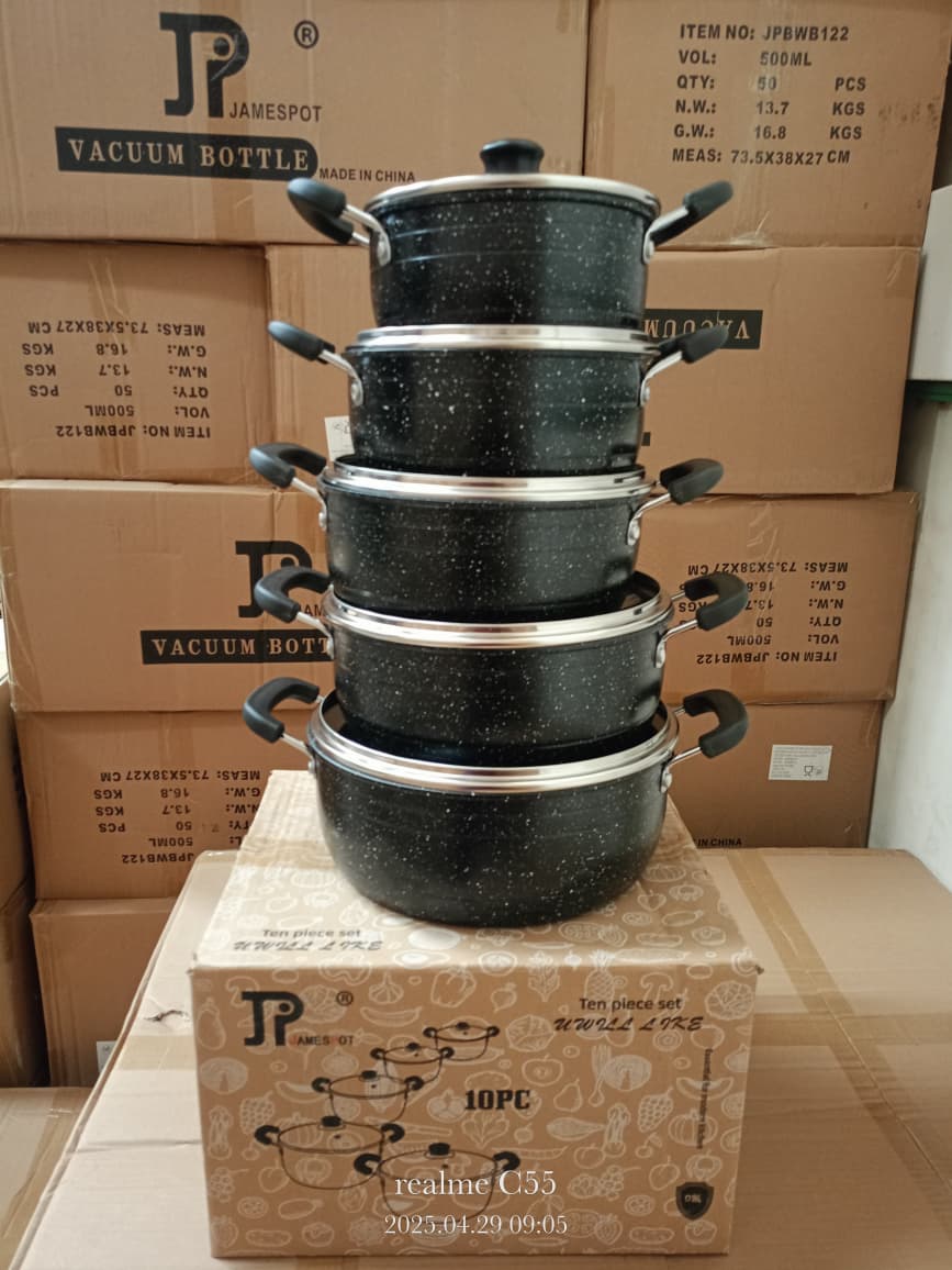 10PCS Non-Stick Granite Cooking Pot Set With Glass Lids – Black Marble Cookware Set