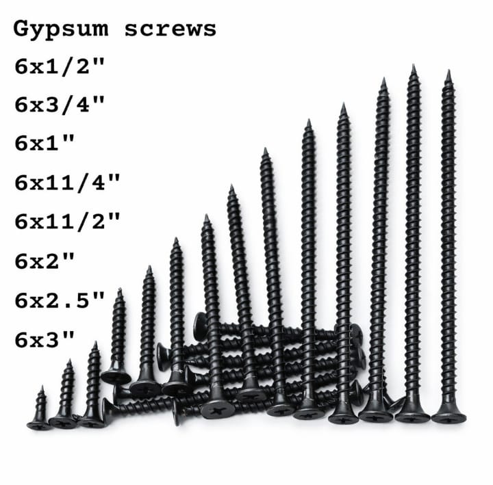 Premium Black Gypsum Drywall Screws (200Pcs/Pkt) - Sharp Tip Bugle Head Fine Thread Fasteners: All Sizes Available 6x1/2" (16mm), 6x3/4" (20mm), 6x1" (25mm) - Wholesale & Retail Options.