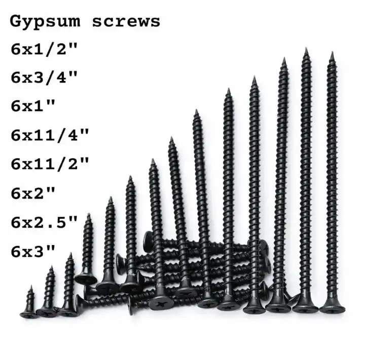 Premium Black Gypsum Drywall Screws (200Pcs/Pkt) - Sharp Tip Bugle Head Fine Thread Fasteners: All Sizes Available 6x1/2" (16mm), 6x3/4" (20mm), 6x1" (25mm) - Wholesale & Retail Options.