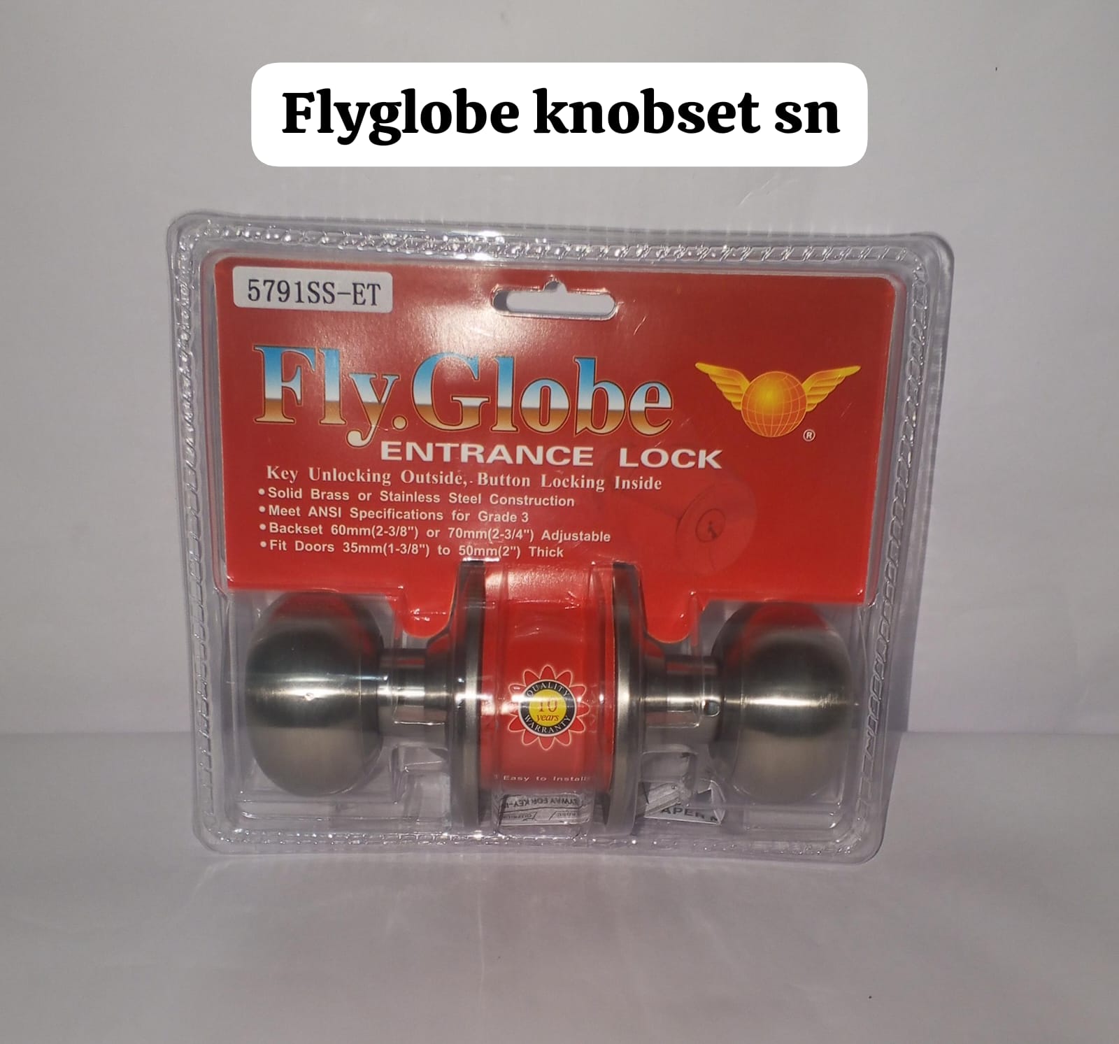 Fly Globe 5791SS-ET Entrance Door Knob Lock Set - Heavy Duty Stainless Steel Cylindrical Knobset with 3 Keys - ANSI Grade 3 Security - 415g -