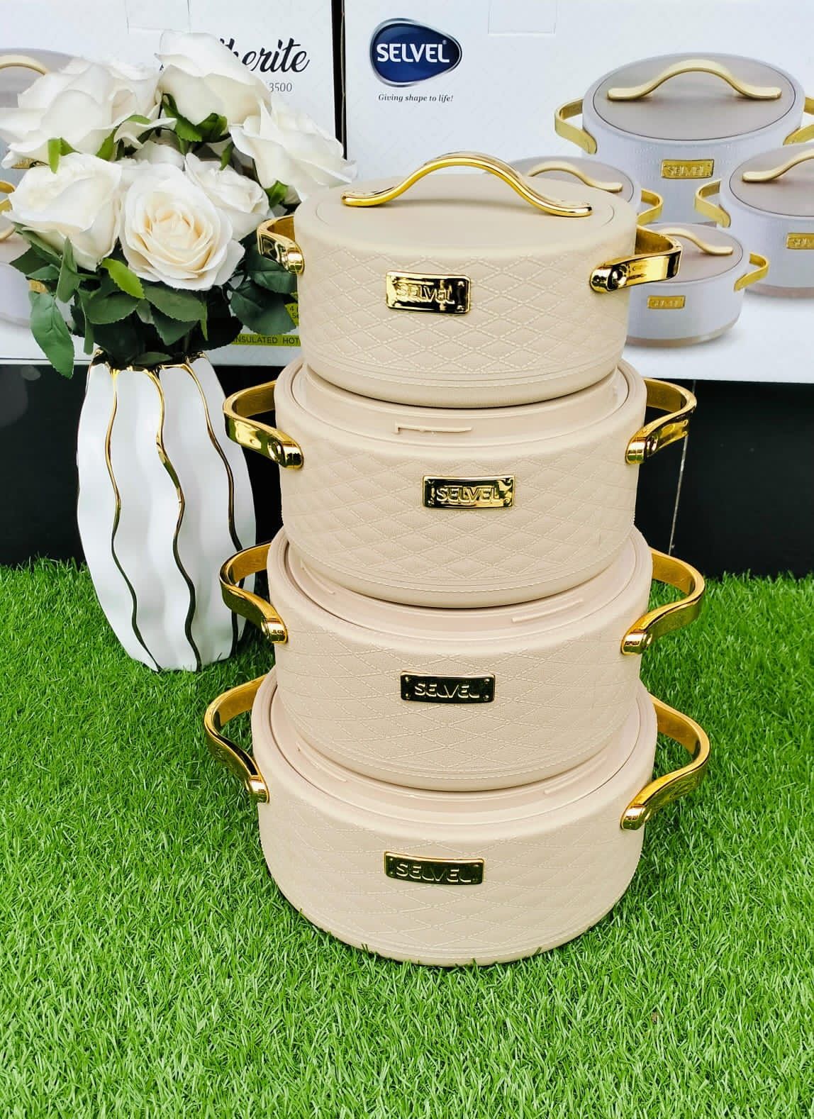 Set of 4 Turkish Hotpots-SELVEL 4pcs Premium Gold Insulated Hot Pot Set (Leatherite Design