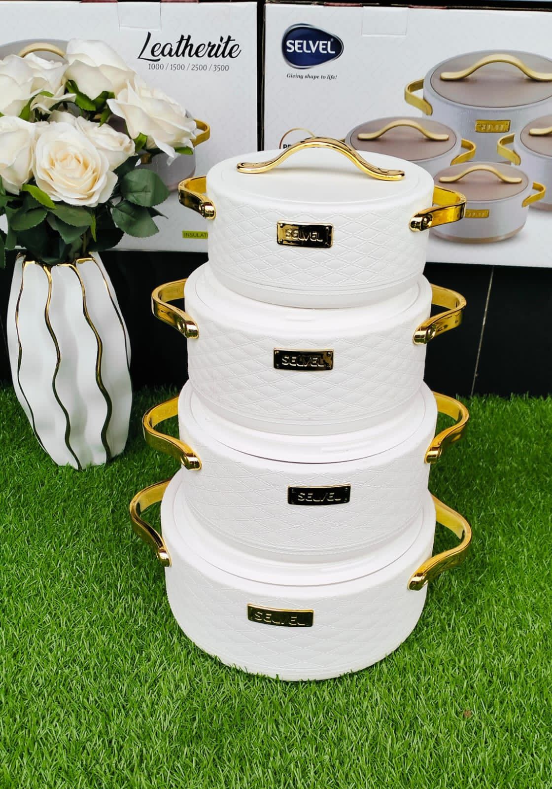 Set of 4 Turkish Hotpots-SELVEL 4pcs Premium Gold Insulated Hot Pot Set (Leatherite Design