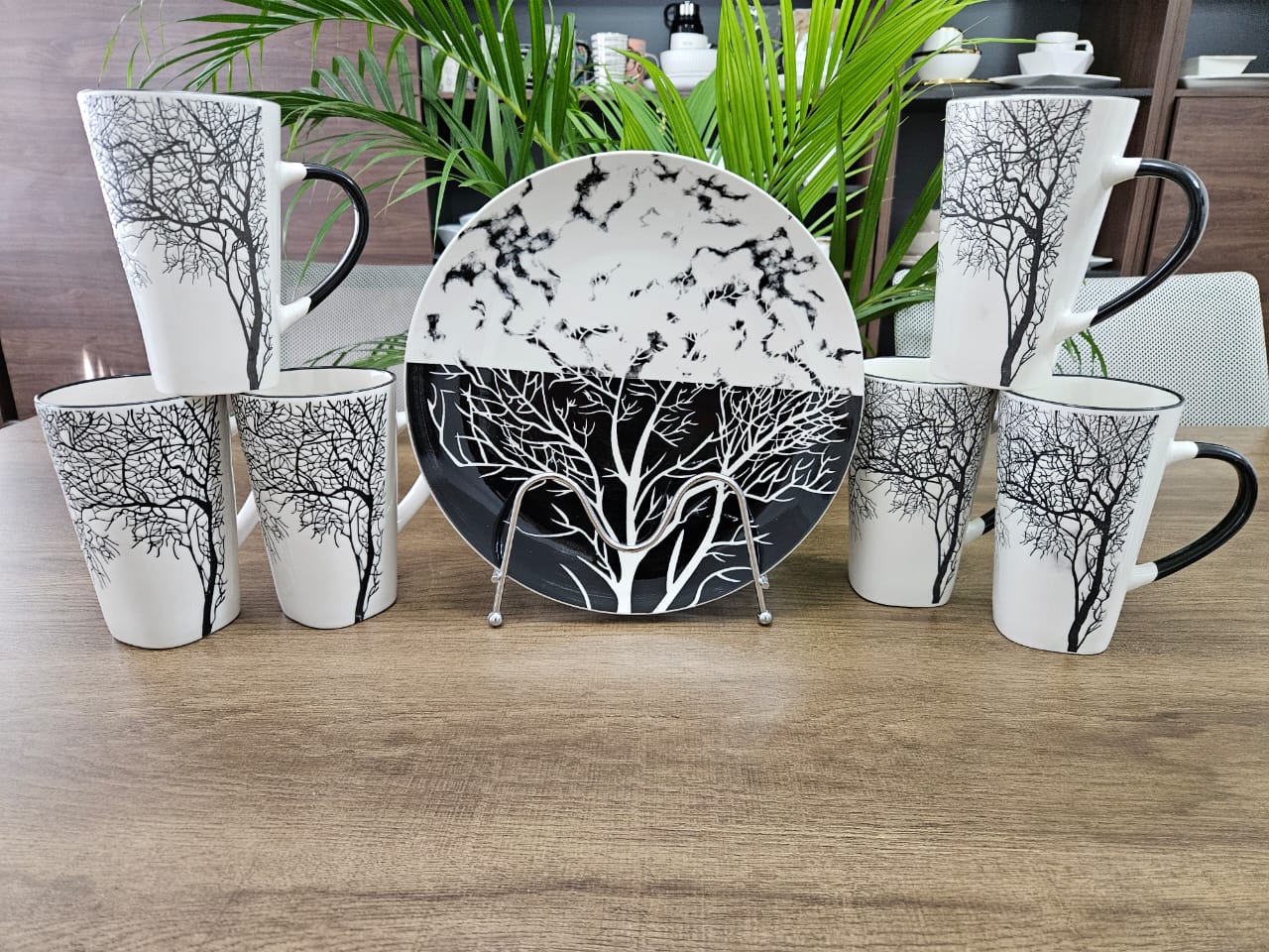 12PCS Tree Design Breakfast Set – 6 Mugs & 6 Plates Ceramic Dinnerware Set