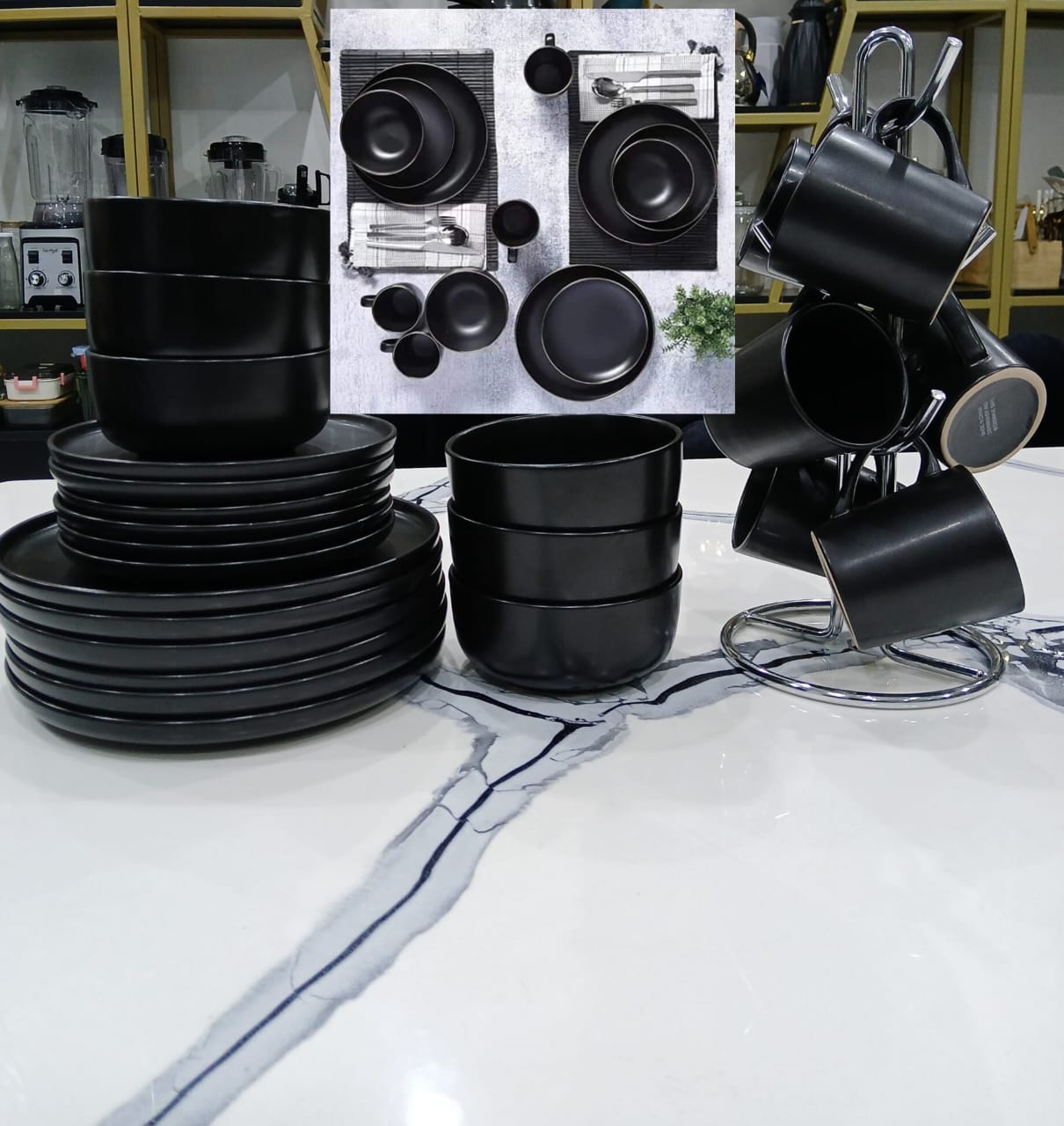 24 pcs All-Black Dinner Set – Plates, Bowls, Cups & Saucers