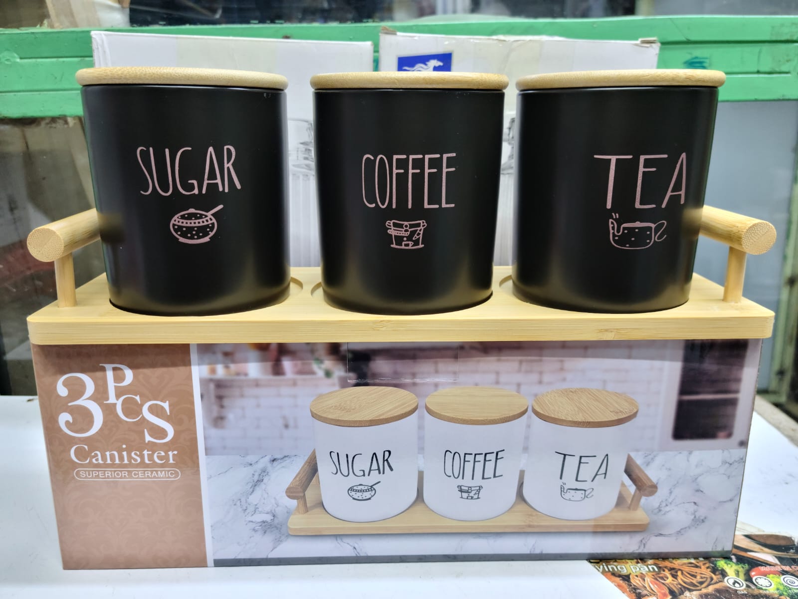 3PCS Ceramic Tea, Coffee & Sugar Canister Set with Lids – Kitchen Storage Containers