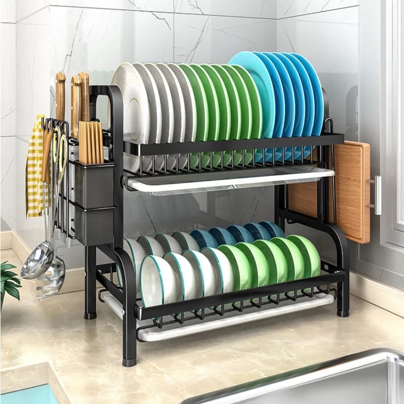 High Quality 2 Tier / 3 Layer Dish Rack – Kitchen Dish Drainer with Drain Tray & Utensil Holder