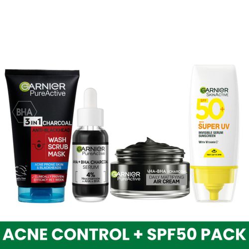 Garnier Acne Control + SPF 50 Pack, 3in1 Charcoal Wash, Scrub, Mask 100ml, AHA BHA Charcoal Serum 30ml, AHA BHA Charcoal Mattifying Air Cream, Super UV Invisible Serum SPF50 30ml