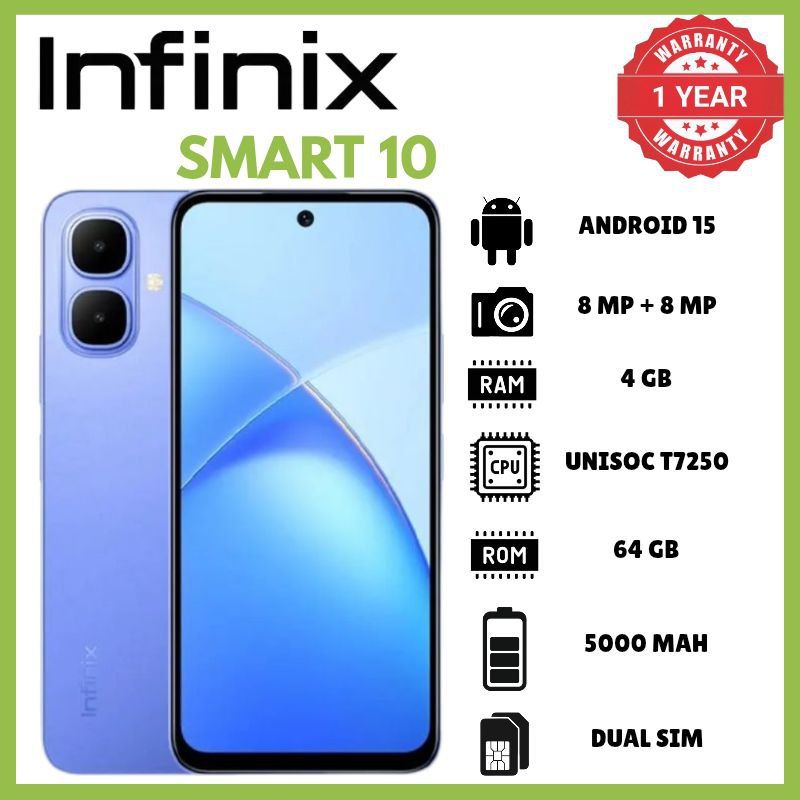 Infinix Smart 10 4GB RAM 64GB ROM Versatile Phone Powered By Unisoc T7250 Chipset 5000 Mah Battery 15W Wired Charge 8 Megapixel Rear Camera 120Hz 6.67Inch Display 4G LTE Android 15 Smartphones