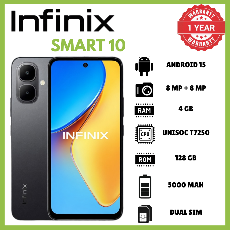 Infinix Smart 10 4GB RAM 128GB ROM Versatile Phone Powered By Unisoc T7250 Chipset 5000 Mah Battery 15W Wired Charge 8 Megapixel Rear Camera 120Hz 6.67Inch Display 4G LTE Android 15 Smartphones
