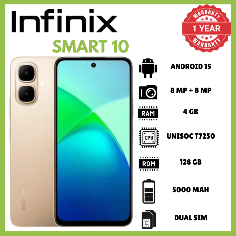 Infinix Smart 10 4GB RAM 128GB ROM Versatile Phone Powered By Unisoc T7250 Chipset 5000 Mah Battery 15W Wired Charge 8 Megapixel Rear Camera 120Hz 6.67Inch Display 4G LTE Android 15 Smartphones