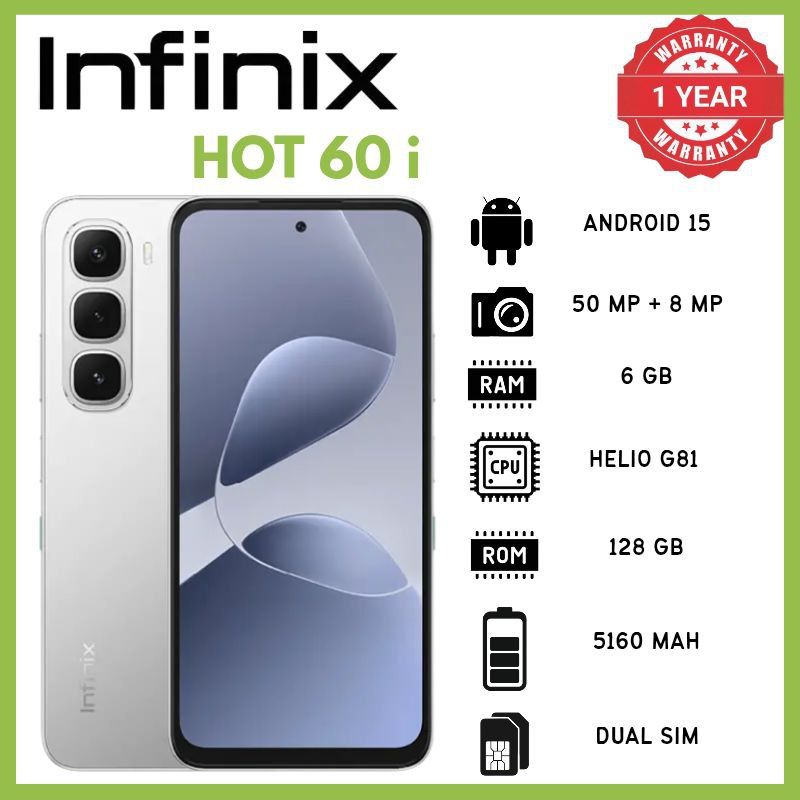 Infinix Hot 60I 6GB RAM 128GB ROM 6.7 Inch IPS LCD 720x1600 120Hz Display Phones Mediatek Helio G81 Processor 50MP Rear Camera Phone 5160mAh Battery 45W Fast Charging Android 15 OS IP64 Smartphones