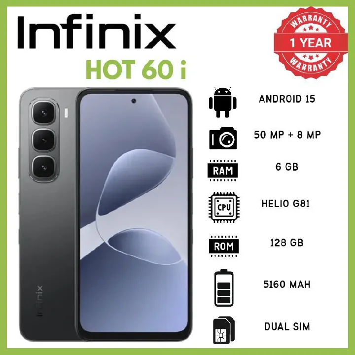 Infinix Hot 60I 6GB RAM 128GB ROM 6.7 Inch IPS LCD 720x1600 120Hz Display Phones Mediatek Helio G81 Processor 50MP Rear Camera Phone 5160mAh Battery 45W Fast Charging Android 15 OS IP64 Smartphones
