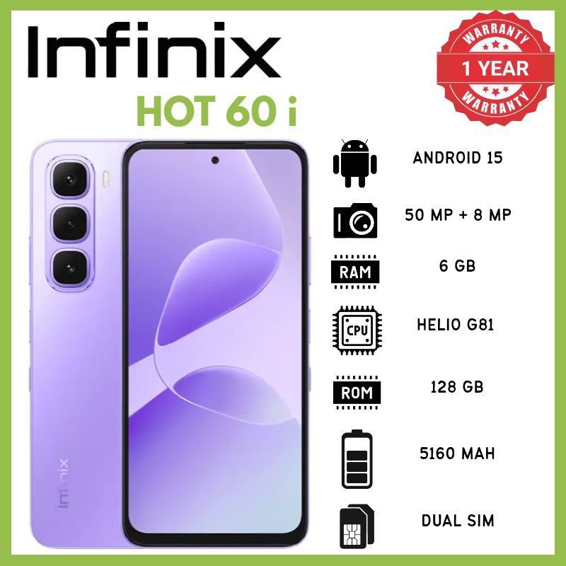 Infinix Hot 60I 6GB RAM 128GB ROM 6.7 Inch IPS LCD 720x1600 120Hz Display Phones Mediatek Helio G81 Processor 50MP Rear Camera Phone 5160mAh Battery 45W Fast Charging Android 15 OS IP64 Smartphones
