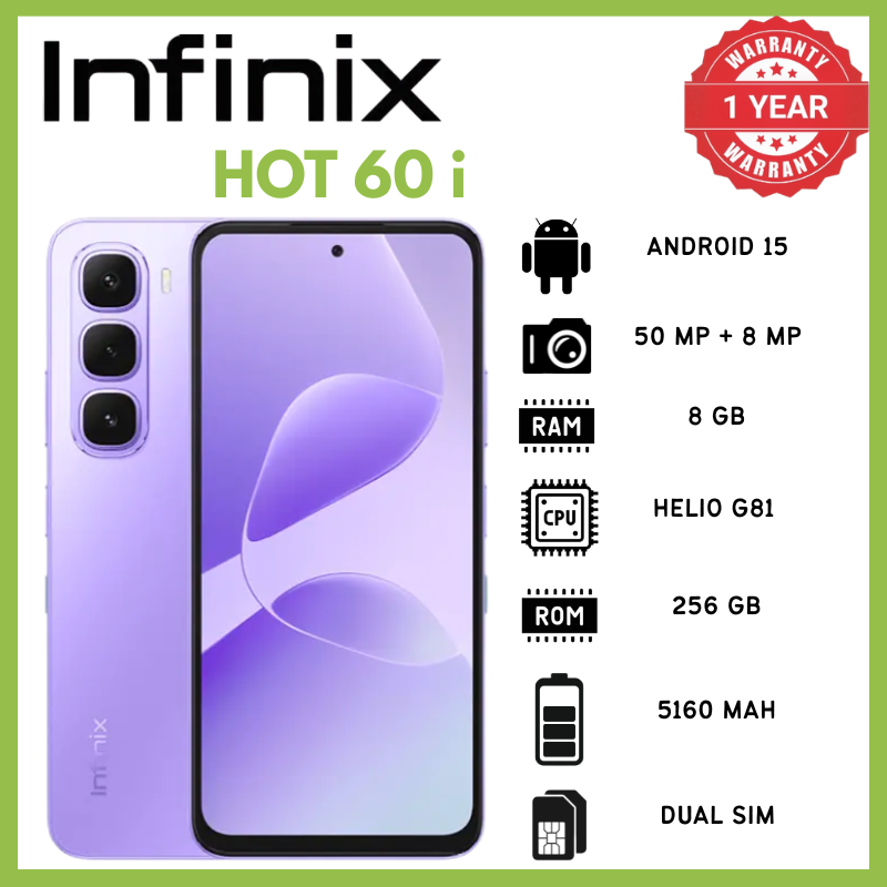 Infinix Hot 60i 8GB RAM 256GB ROM 50MP Rear 8MP Front 1440p Mediatek Helio G81 Ultimate Phones 6.7 IPS LCD 120Hz 720x1600 5160mAh 45W 10W Reverse Phone Android 15 IP64 7.7mm 188g MicroSDXC Smartphones