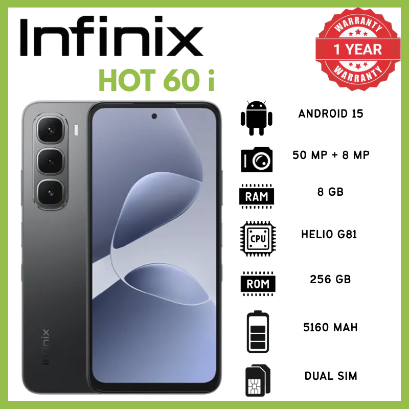 Infinix Hot 60i 8GB RAM 256GB ROM 50MP Rear 8MP Front 1440p Mediatek Helio G81 Ultimate Phones 6.7 IPS LCD 120Hz 720x1600 5160mAh 45W 10W Reverse Phone Android 15 IP64 7.7mm 188g MicroSDXC Smartphones