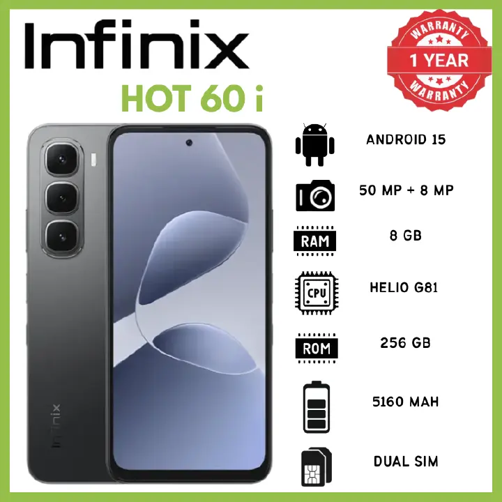 Infinix Hot 60i 8GB RAM 256GB ROM 50MP Rear 8MP Front 1440p Mediatek Helio G81 Ultimate Phones 6.7 IPS LCD 120Hz 720x1600 5160mAh 45W 10W Reverse Phone Android 15 IP64 7.7mm 188g MicroSDXC Smartphones