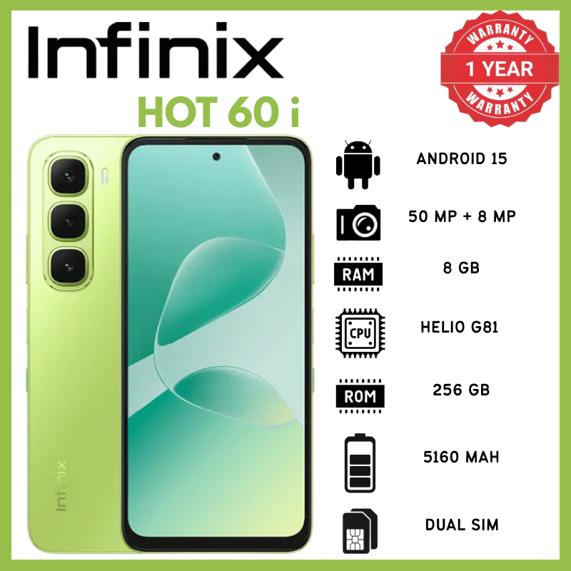 Infinix Hot 60i 8GB RAM 256GB ROM 50MP Rear 8MP Front 1440p Mediatek Helio G81 Ultimate Phones 6.7 IPS LCD 120Hz 720x1600 5160mAh 45W 10W Reverse Phone Android 15 IP64 7.7mm 188g MicroSDXC Smartphones