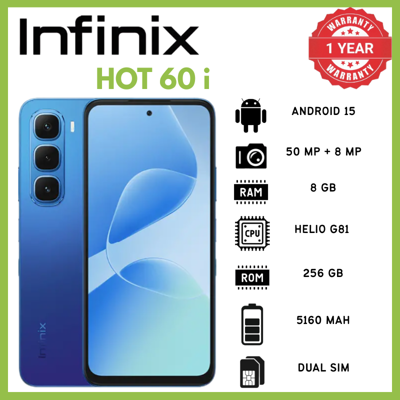 Infinix Hot 60i 8GB RAM 256GB ROM 50MP Rear 8MP Front 1440p Mediatek Helio G81 Ultimate Phones 6.7 IPS LCD 120Hz 720x1600 5160mAh 45W 10W Reverse Phone Android 15 IP64 7.7mm 188g MicroSDXC Smartphones