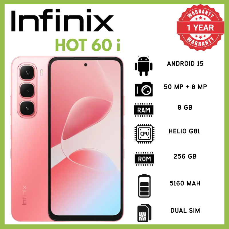 Infinix Hot 60i 8GB RAM 256GB ROM 50MP Rear 8MP Front 1440p Mediatek Helio G81 Ultimate Phones 6.7 IPS LCD 120Hz 720x1600 5160mAh 45W 10W Reverse Phone Android 15 IP64 7.7mm 188g MicroSDXC Smartphones