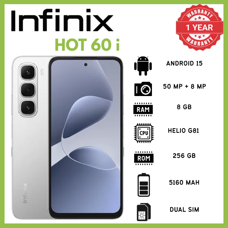 Infinix Hot 60i 8GB RAM 256GB ROM 50MP Rear 8MP Front 1440p Mediatek Helio G81 Ultimate Phones 6.7 IPS LCD 120Hz 720x1600 5160mAh 45W 10W Reverse Phone Android 15 IP64 7.7mm 188g MicroSDXC Smartphones