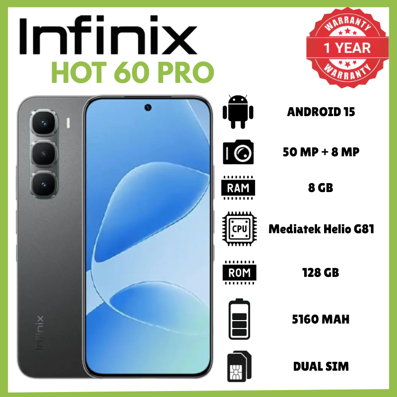 Infinix Hot 60 Pro 8GB RAM 128GB ROM 50MP AI Aux Lens Rear Camera 13MP Front Camera Phones 1440p Android 15 XOS 15.1 Phone 5160mAh Battery 45W Charging 10W Reverse IP64 6.6mm 170g Smartphones