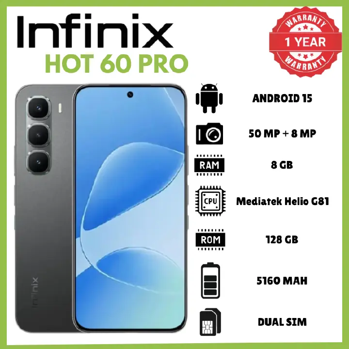 Infinix Hot 60 Pro 8GB RAM 128GB ROM 50MP AI Aux Lens Rear Camera 13MP Front Camera Phones 1440p Android 15 XOS 15.1 Phone 5160mAh Battery 45W Charging 10W Reverse IP64 6.6mm 170g Smartphones
