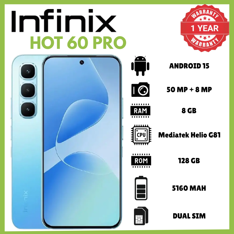 Infinix Hot 60 Pro 8GB RAM 128GB ROM 50MP AI Aux Lens Rear Camera 13MP Front Camera Phones 1440p Android 15 XOS 15.1 Phone 5160mAh Battery 45W Charging 10W Reverse IP64 6.6mm 170g Smartphones